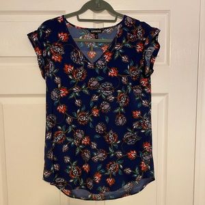 Express Deep Blue Floral V-Neck Top